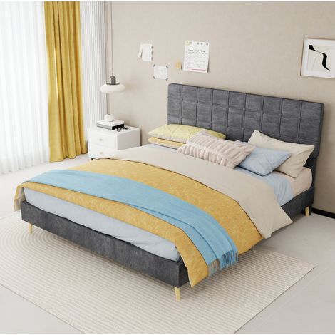 Bett modern aus Samt Grau 160x200 cm mit gepolstertem Karomuster-Kopfteil und Holzfüßen
