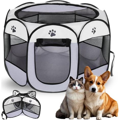 Faltbarer Welpenlaufstall 74 x 74 x 45 cm, tragbarer Katzenlaufstall, Kleintierlaufstall, Laufstall für Hunde, Katzen, Kaninchen, drinnen und draußen (grau)