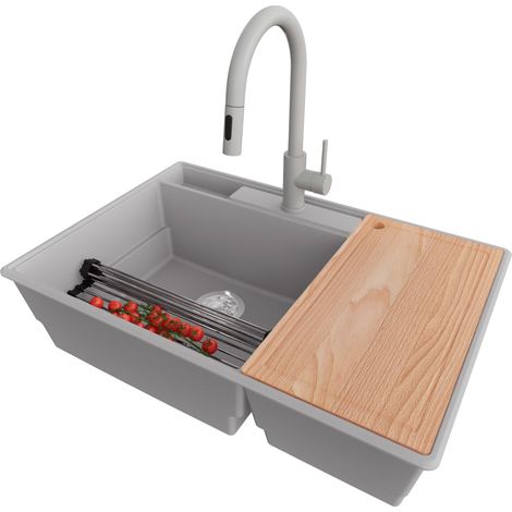 PRIMAGRAN Evier Cuisine en Granit 78x53cm,Lavabo 2 bacs + Robinet 40x20cm + Kit de Vidage + Accessoires, Évier à Encastrer au meuble 80cm - Paris, Gris (1/5)