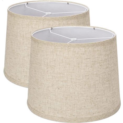 Lot de 2 abat-jour tambour moyens 29,5 cm haut x 32 cm inférieur x 24,9 cm de haut (montage araignée), magasins en lin beige naturel faits à la main (1/5)