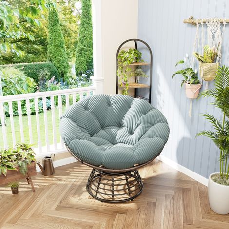 Chaise Papasan osier pivotante 360° coussin vert clair velours côtelé cadre marron, mobilier doux pour salon et chambre