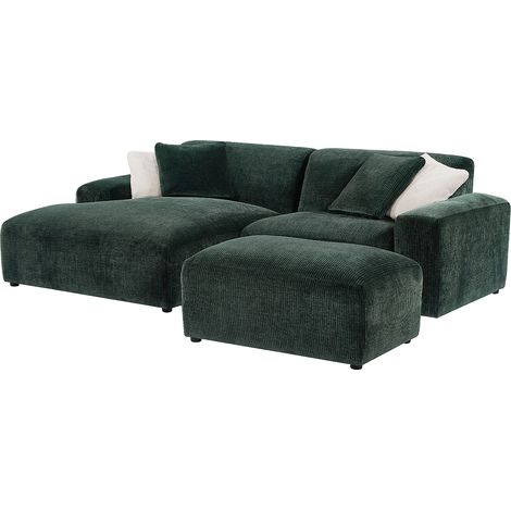 Canapé d'angle gauche et pouf en velours côtelé vert sapin TIRONO de Maison Céphy (1/5)