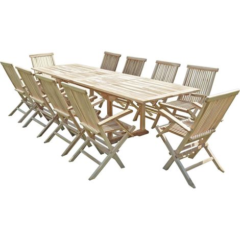 C&L Jardin – Ensemble table et chaise de jardin en teck massif 10 places – Table extensible 180/280 x 90 x 75 cm – Fauteuils pliants avec trou parasol