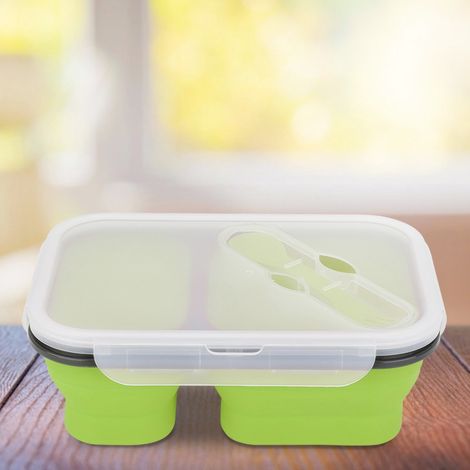Tragbare, lebensmittelechte Silikon-Falt-Lunchbox, Lebensmittelaufbewahrungsbehälter 1L (Grün) (1/5)