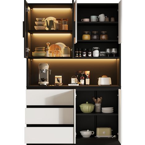 ELVMI Armadio da cucina con 6 ante, 3 cassetti, ripiani aperti e LED regolabile, 120.5x40x180 cm (1/5)
