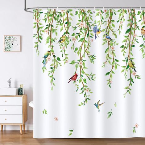 Cortina de ducha con estampado de colibríes, color rosa y primavera, 180 x 180 cm, tejido resistente al moho con 12 ganchos. (1/5)