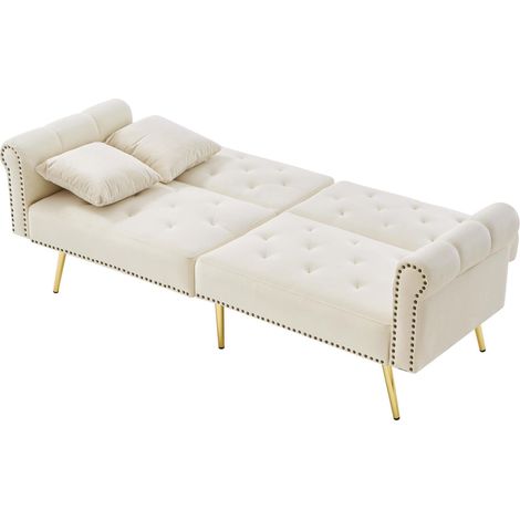 Canapé convertible 2 places en velours beige, dossier 3 positions et pieds métal dorés, avec 2 coussins, compact pour petits espaces et chambre d'amis – CHICFURN (1/5)