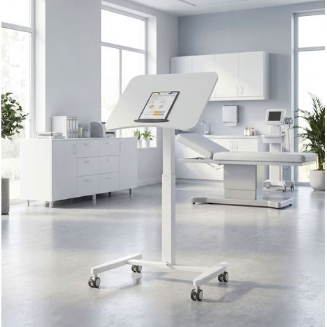 Escritorio regulable en altura con tablero inclinable, ruedas y tope de seguridad, blanco DESVIAE (1/5)