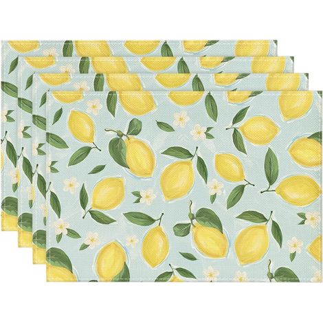 Sets de table rectangulaires motif citron et fleurs bleues lot de 4, taille 30x45cm pour repas domestique et réception (1/5)