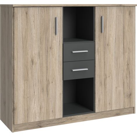 Buffet, meuble de rangement Imitation chêne San Remo, rechampis graphite - longueur 122 x hauteur 105 x profondeur 41 cm -PEGANE-