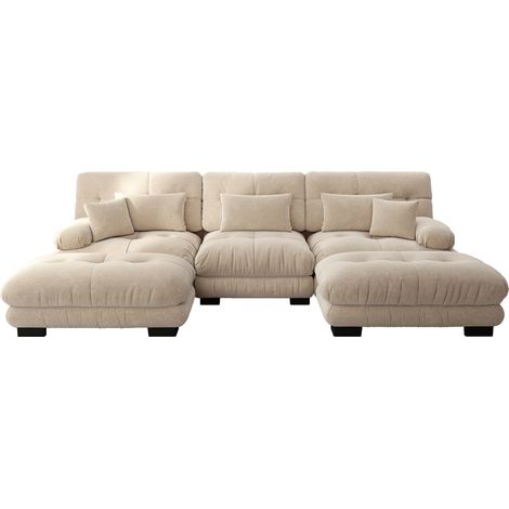 Canapé d'angle modulaire en Chenille vintage beige clair avec ottoman mobile (1/5)