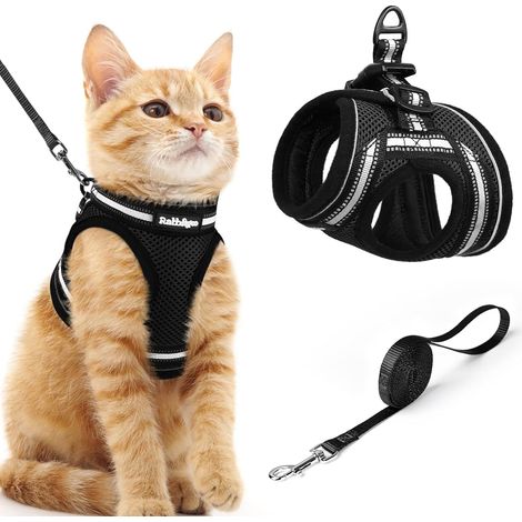 Cat Harness with Leash, Breathable Kitten Harness and Reflective Strip, Adjustable Small Dog Vest, Black, Medium, Easy-to-Put Pet Collar for Persian, Ragdoll, American Shorthair, Puppy, Rabbit (1/5)
