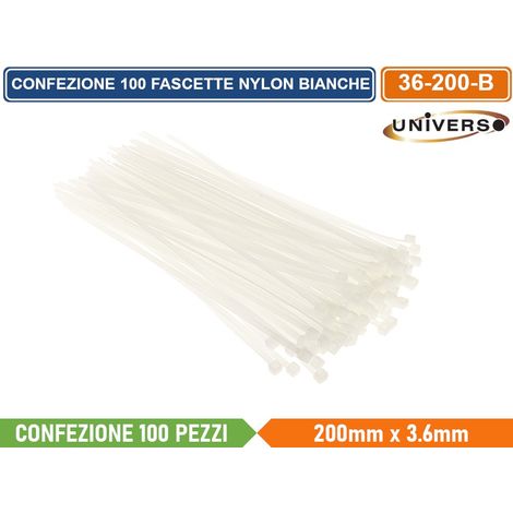 CONFEZIONE 100 PEZZI FASCETTE SERRACAVO AUTOBLOCCANTI IN NYLON BIANCO 3.6mm X 200mm (1/2)