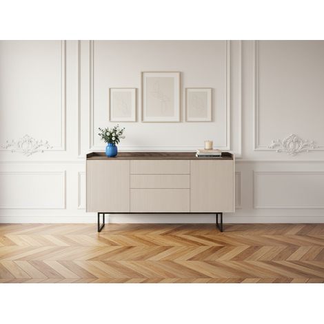 BOBOCHIC - Buffet 2 portes 166 cm LOUNA beige et effet bois avec tasseaux et LED (1/5)
