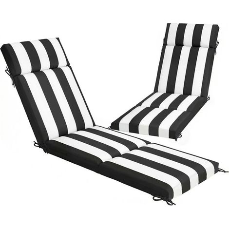 Lot de 2 Coussins pour Chaises de Jardin avec 6 Attaches, en Coton, 183x54x6.5 cm, Noir et Blanc (1/5)