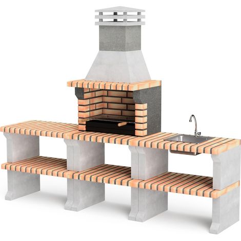 MOVELAR - Barbacoa de Obra Prefabricada de Leña y Carbón Modelo Pack 1 Liz Plus XL Outdoor Kitchen (Gris, Naranja - 228 x 58 x 210 cm) REF: M00482 - Cocina de Exterior para Jardín o Patio