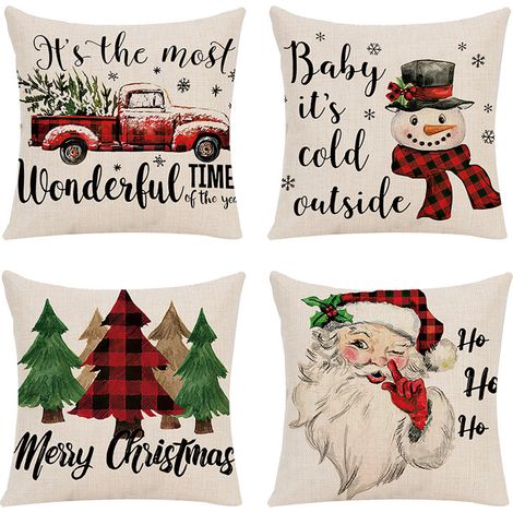 Juego de 4 fundas de almohada de lino con estampado navideño y cierre invisible, perfectas para la decoración del salón o el dormitorio. (1/5)