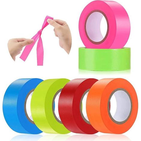Ruban de signalisation fluorescent - Lot de 6 rubans - Couleurs assorties - Non adhésif - 2,5 cm x 30,5 m (1/5)
