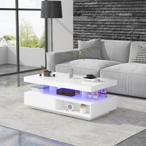 Table basse en panneaux de particules blanc laqué 95 x 50 x 42,5 cm avec verre, 2 tiroirs et LED (1/5)