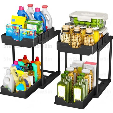 Lot de 2 Organisateurs Cuisine - 2 Pièces - Acier et Plastique - Tiroirs Coulissants avec Crochets - Rangement Sous Évier et Salle de Bain - Noir 35,7x22,1x39,4 cm (1/4)