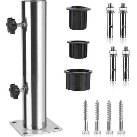 Umbrella tube, umbrella base, adjustable stainless steel umbrella stand with 3 PVC reduction rings (32/38/48 mm), umbrella base with 8 steel nails