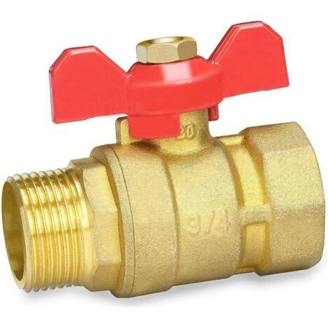 1 Vanne à sphère 3/4", Laiton, Filetage extérieur, Poignée papillon rouge, Pour plomberie (1/5)