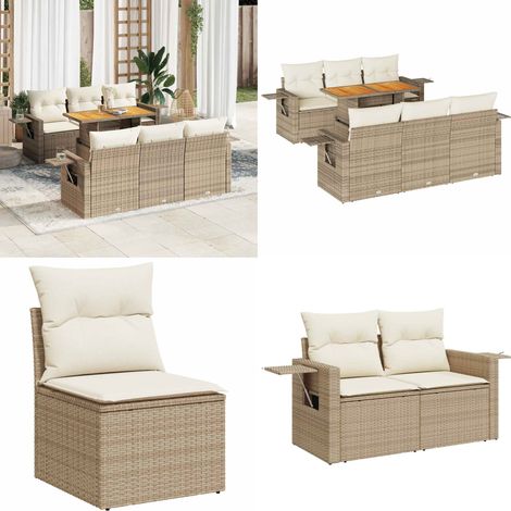 Set sofás de jardín 7 piezas y cojines ratán sintético beige - Cojines de jardín - Muebles de exterior