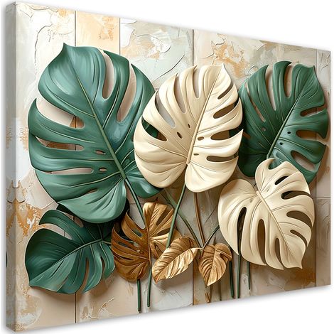 Quadro su tela, Foglie di Monstera verdi e bianche (3D) - 30x20 (1/2)
