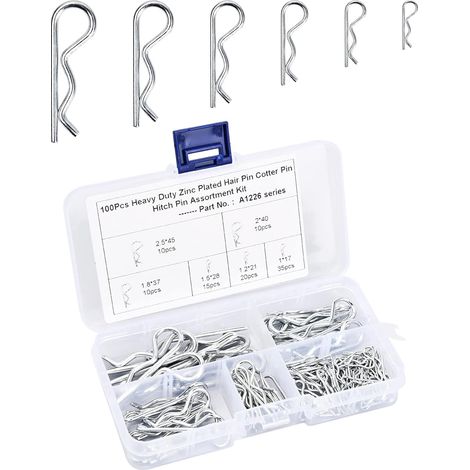 Goupilles Fendues R Clips, 100 Pcs Goupilles de Retenue, 6 Taille Assortiment de Goupilles à Ressort de Fixation, avec Boîte de Rangement, pour Remorque Voiture Matériel Fixation Tracteur Tondeuse (1/5)