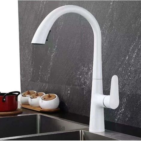 Robinet de cuisine Mitigeur de cuisine avec douchette extractible, blanc, rotatif à 360°, robinet de cuisine, laiton, robinet de cuisine extractible, blanc (1/4)