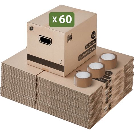 Lot de 60 cartons de déménagement 40x30x30 cm – Poignées renforcées – 36 litres – Pour stockage livres jusqu'à 15 kg – Pack And Move