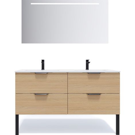 Meuble de salle de bain suspendu double vasque intégrée 140cm 4 tiroirs Chêne clair + miroir - Soho (1/5)