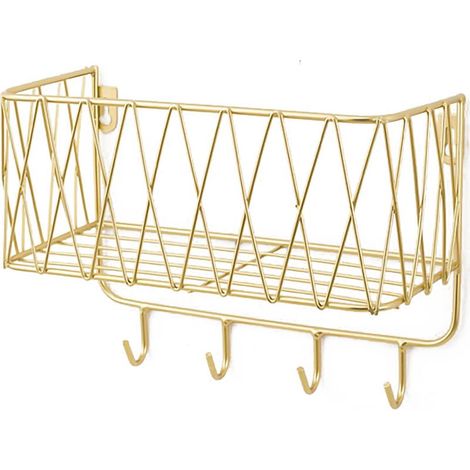 Étagère murale flottante avec grille en métal et crochets, porte-serviettes, décoration d'intérieur (1/4)
