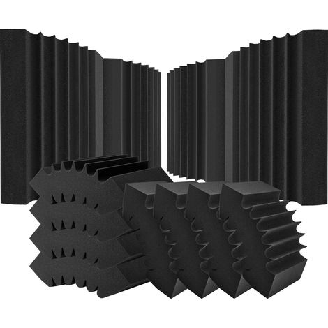 Panneau Mousse Acoustique Lot de 4 Panneaux Muraux Insonorisants Adhésifs 42x16x30 cm Haute Densité Absorbants le Son pour Murs et Plafonds de Studio, Maison, Bureau, Noir (1/5)