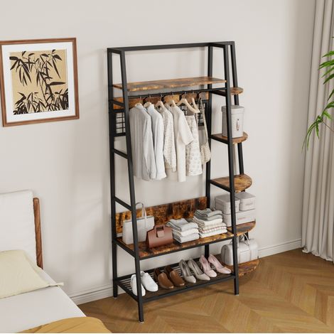 Porte-manteau 101x40x183 cm noir et marron avec étagères, structure en métal et bois MEUBLIV (1/5)