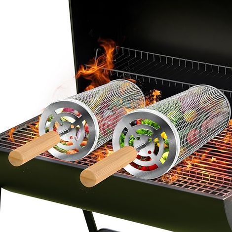 Lot de 2 paniers à griller à roulettes pour barbecue extérieur, panier de cuisson rond en acier inoxydable avec poignée, accessoire de barbecue portable pour légumes, poisson et viande, cadeau idéal p (1/5)
