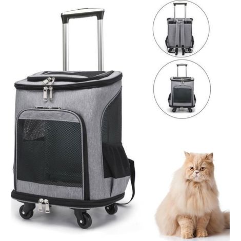 2 en 1 Sac à dos pliable Sac de transport à roulettes pour chien chat animaux - Gris - Trolley chariot (1/5)