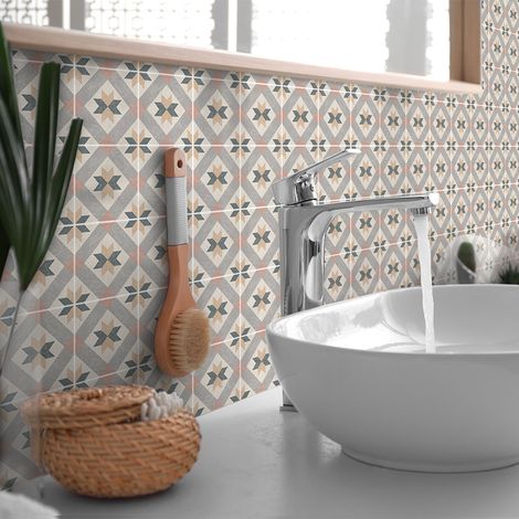 Sticker Mural Carrelage adhésif Cuisine Salle de Bain - 24 STICKERS CARREAUX DE CIMENT AUTHENTIQUES HENIA - 24stickers15x15cm (1/5)