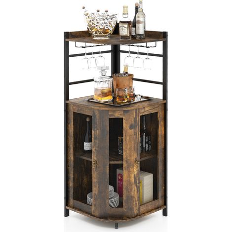 Meuble bar d'angle industriel marron rustique avec porte-verres et étagère réglable pour salon salle à manger et cuisine (1/5)