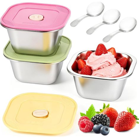 Set di 3 contenitori per gelato - Contenitori riutilizzabili per congelatore con 3 cucchiaini inclusi - Adatti per gelato, yogurt, snack, frutta e per la congelazione - Contenitori in acciaio inox ... (1/5)