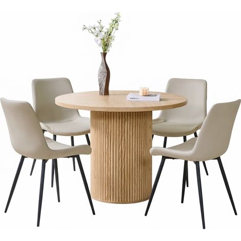 ELVMI Ensemble Table et Chaises avec 1 Table et 4 Chaises, MDF, Métal et Cuir PU, Noir, Bois Naturel et Gris Chaud (1/5)