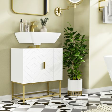 Mobile bagno con ante doppie e gambe in acciaio color oro, 60 x 30 x 65 cm, bianco
