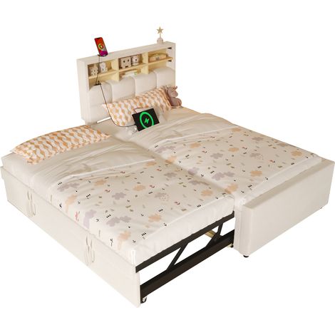 Lit banquette extensible 90x200/180x200 cm en velours beige avec USB-C, niche de rangement ouverte et fonction canapé lit (1/5)