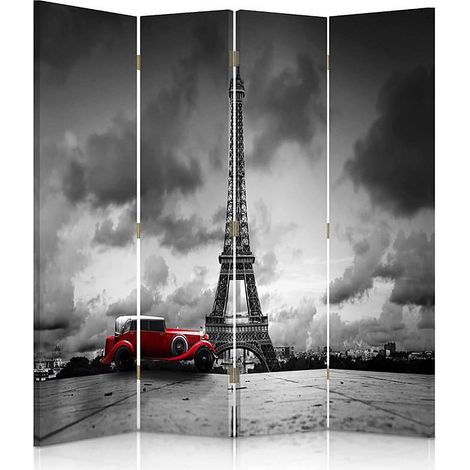 Paravent Design Voiture Rouge et Tour Eiffel, Paris - 145 x 180 cm - 1 face déco, 1 face noir