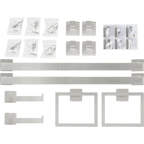 Ensemble d'accessoires de salle de bain, monté au mur, construction en acier inoxydable, 10pcs Argent (1/2)