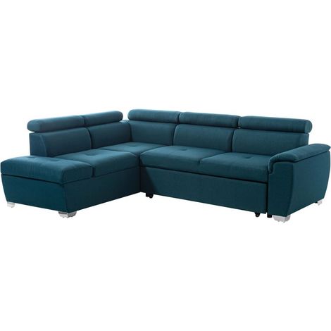Loungitude – Canapé d'angle convertible 4 places avec coffre de rangement – Tissu bleu – Dimensions lit 197x120 cm – Têtières réglables (1/5)