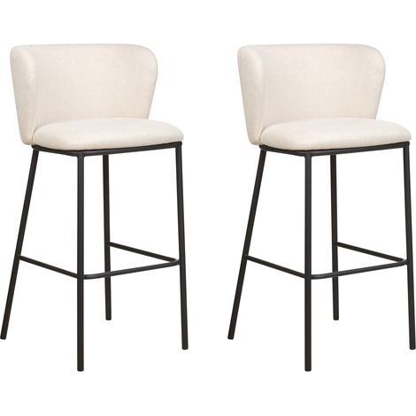 Set di 2 sedie da bar moderne Sgabelli con sedile imbottito in tessuto bianco sporco Senza braccioli Schienale curvo Gambe nere Mina