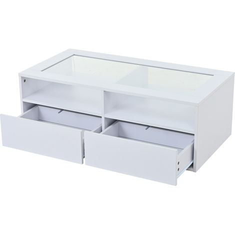 Tavolino da caffè bianco 100 x 50 x 35 cm con LED, 2 cassetti, piano in vetro temperato (1/5)