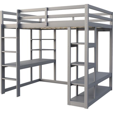 Cama alta de madera gris 140 x 200 cm con escritorio, estantes y escalera (1/5)
