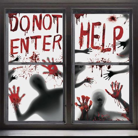 Halloween-Dekorationen: Tür- und Fensteraufkleber mit blutigen Handabdrücken, Zombie-Silhouette – Horror (2 Aufkleber) (1/5)
